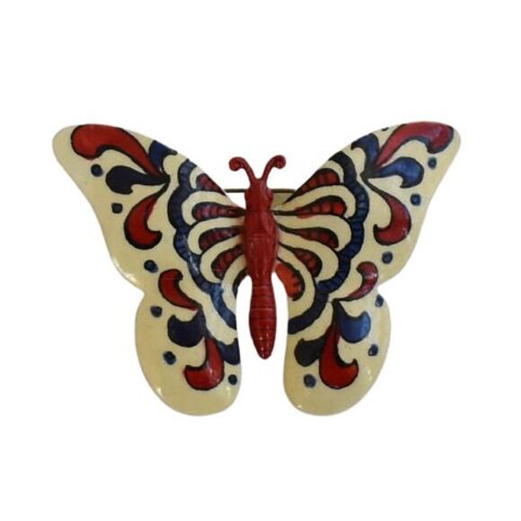 1980s Red Blue Cream Enamel Vintage Butterfly Figural Brooch Pin Made W Germany - Picture 3 of 4
